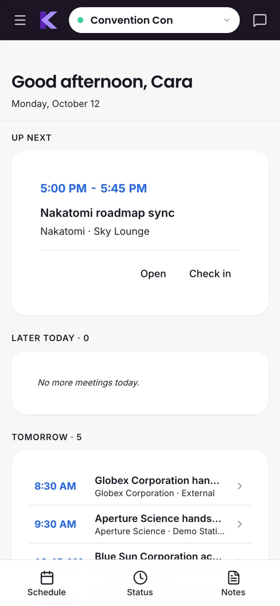 A team member's agenda and next-meeting countdown