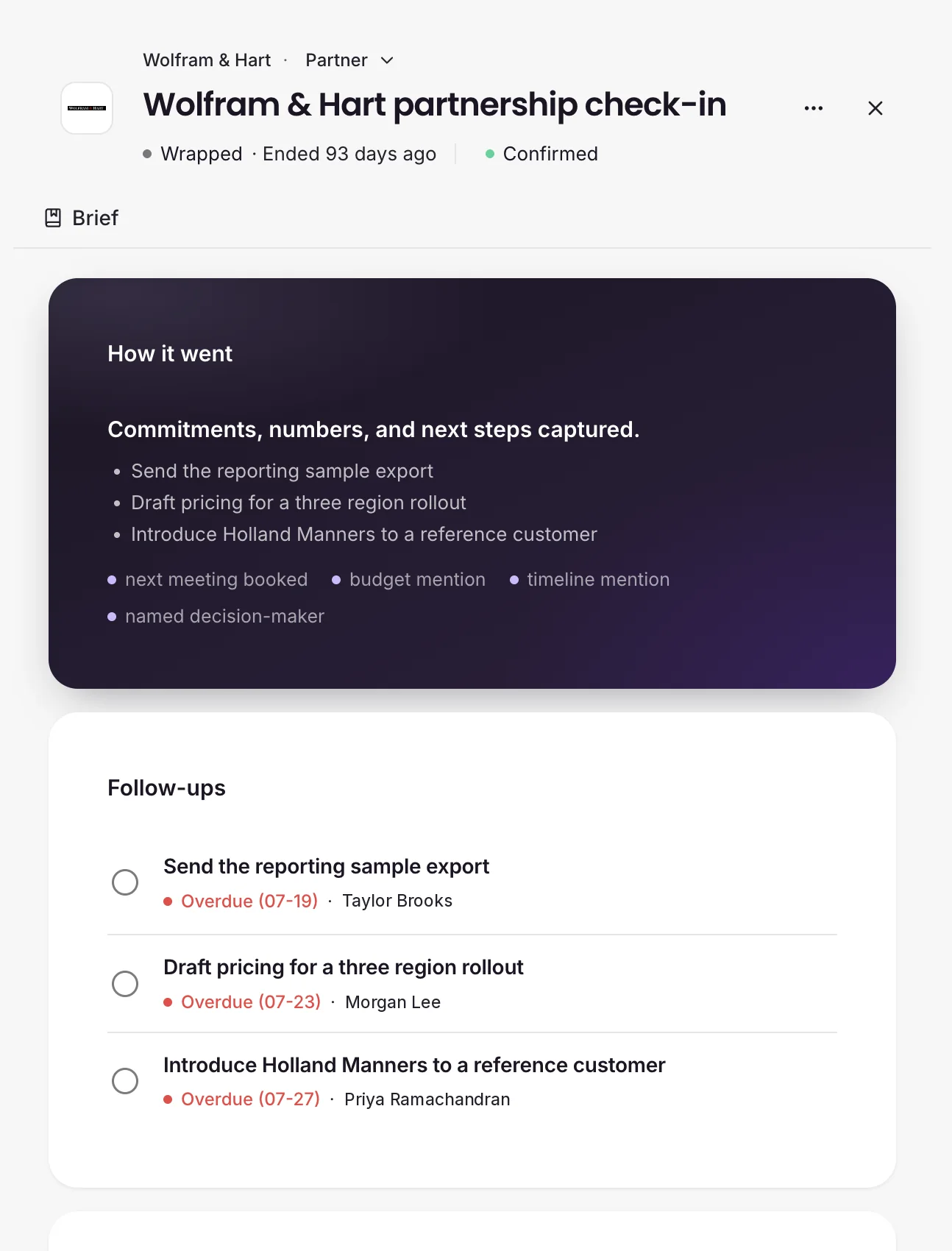 Meeting sheet after the meeting: how it went and Follow-ups
